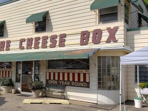Storefront of The Cheese Box with large sign, green awnings, and potted plants beside entrance.